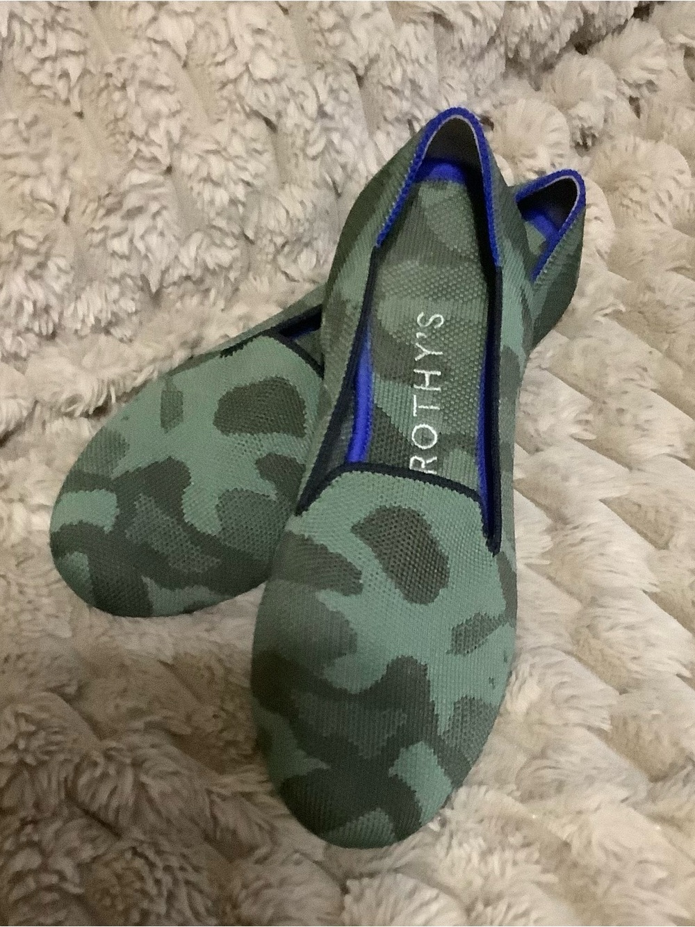 Rothy's Green Camouflage Knit Slip-On Flats with Blue Trim